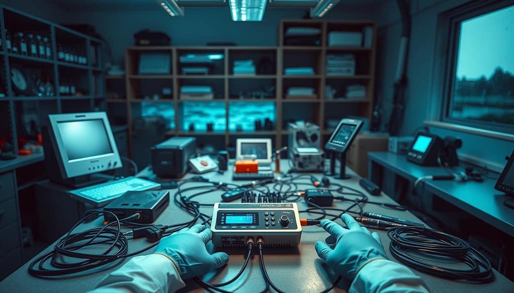 A dimly lit laboratory setting with a table showcasing a variety of electronic devices and testing equipment. On the table, a smart water leak detector device is the focal point, surrounded by various cables, probes, and digital displays. The scene is bathed in a cool, bluish-green lighting, creating a technical and professional atmosphere. In the foreground, there are hands wearing white latex gloves carefully operating the water leak detector, while the background features shelves of scientific instruments and a blurred view through a window, hinting at a rainy outdoor scene. The overall composition conveys a sense of precision, attention to detail, and the rigorous testing procedures performed to evaluate the water leak detector's real-world performance. f64ccb8f 291a 47fe b737 15cf55eb97c9 goveelife image for replacement