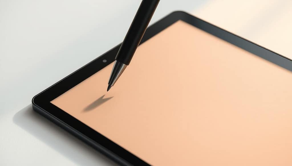 A crisp, clean E Ink display with a stylus gliding effortlessly across its matte surface, creating fluid, ink-like strokes. The display showcases a warm, paper-like texture, bathed in soft, directional lighting that accentuates its depth and tactile quality. The scene is captured from a slightly low angle, emphasizing the premium, high-tech nature of the device. The background is minimalist and uncluttered, allowing the display to be the central focus, highlighting the seamless stylus integration and the authentic writing experience it provides. A crisp, clean E Ink display with a stylus gliding effortlessly across its matte surface, creating fluid, ink-like strokes. The display showcases a warm, paper-like texture, bathed in soft, directional lighting that accentuates its depth and tactile quality. The scene is captured from a slightly low angle, emphasizing the premium, high-tech nature of the device. The background is minimalist and uncluttered, allowing the display to be the central focus, highlighting the seamless stylus integration and the authentic writing experience it provides.