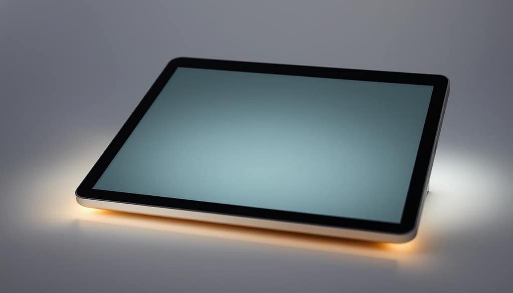 A sleek, futuristic display with a soft, ambient glow emanating from its edges. The screen is slightly tilted, creating a comfortable viewing angle. The display surface is matte and anti-glare, minimizing eye strain. Subtle, warm lighting illuminates the device, creating a soothing, distraction-free environment for reading or audiobook enjoyment. The frame is slim and minimalist, with clean lines and a premium, aluminum finish. The overall design is elegant and refined, perfectly suited for a modern, technology-driven lifestyle. A sleek, futuristic display with a soft, ambient glow emanating from its edges. The screen is slightly tilted, creating a comfortable viewing angle. The display surface is matte and anti-glare, minimizing eye strain. Subtle, warm lighting illuminates the device, creating a soothing, distraction-free environment for reading or audiobook enjoyment. The frame is slim and minimalist, with clean lines and a premium, aluminum finish. The overall design is elegant and refined, perfectly suited for a modern, technology-driven lifestyle.