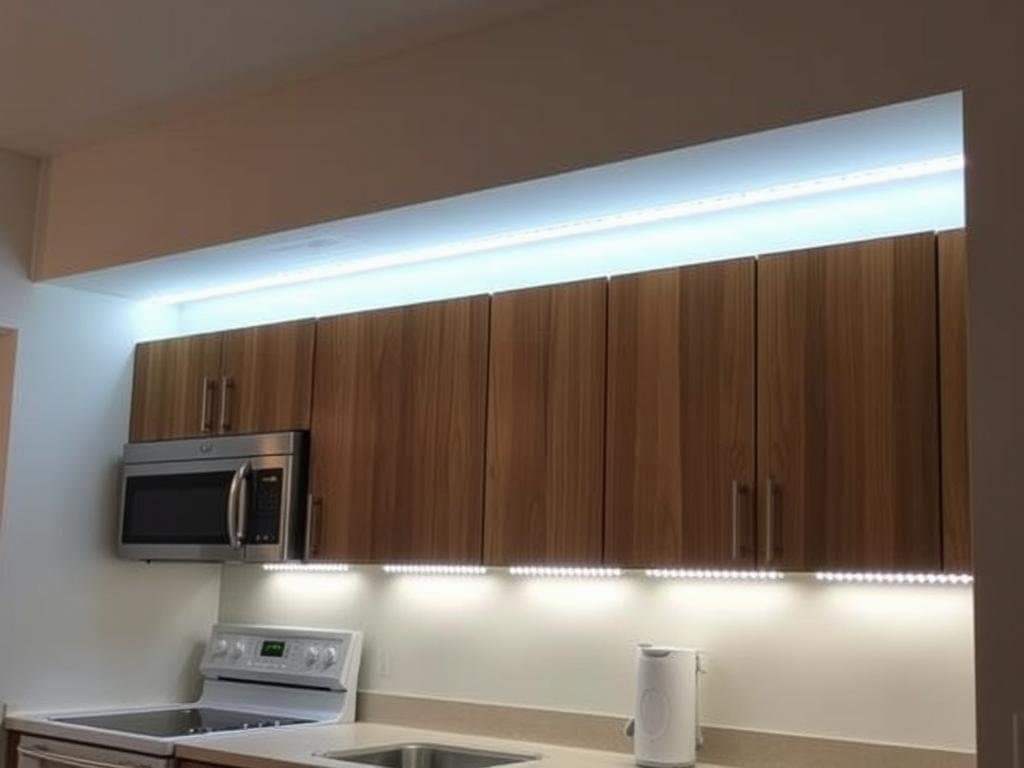 LED light strips installed under kitchen cabinets in a rental apartment LED light strips installed under kitchen cabinets in a rental apartment