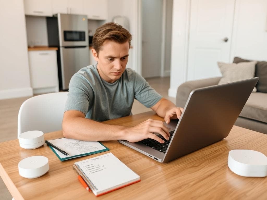 Person comparing smart home devices on a laptop while shopping on a budget Person comparing smart home devices on a laptop while shopping on a budget