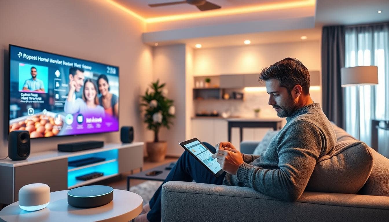 A modern living room with a large TV, various smart home devices, and a person troubleshooting technical issues on a tablet. Soft, warm lighting illuminates the scene, creating a cozy and inviting atmosphere. The person is seated on a comfortable couch, surrounded by sleek, minimalist furniture and decor. The room's layout and design elements suggest a high-tech, well-integrated smart home environment. The person's focused expression and the array of smart devices convey the challenge of troubleshooting common smart home problems in the year 2025. A modern living room with a large TV, various smart home devices, and a person troubleshooting technical issues on a tablet. Soft, warm lighting illuminates the scene, creating a cozy and inviting atmosphere. The person is seated on a comfortable couch, surrounded by sleek, minimalist furniture and decor. The room's layout and design elements suggest a high-tech, well-integrated smart home environment. The person's focused expression and the array of smart devices convey the challenge of troubleshooting common smart home problems in the year 2025.