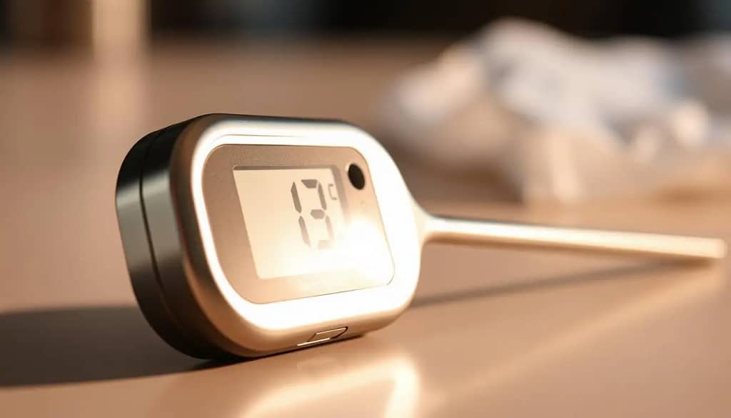 A high-quality digital meat thermometer with a sleek, modern design. The thermometer's stainless steel body gleams under warm, directional lighting, casting subtle shadows that accentuate its clean lines. In the foreground, the large, easy-to-read LCD display shows the current temperature, inviting the user to monitor their cooking with precision. The thermometer is positioned on a neutral-toned surface, allowing it to be the central focus of the image. The background is slightly blurred, creating a sense of depth and emphasizing the device's technical capabilities. Overall, the image conveys the reliability and user-friendliness of a premium digital meat thermometer.